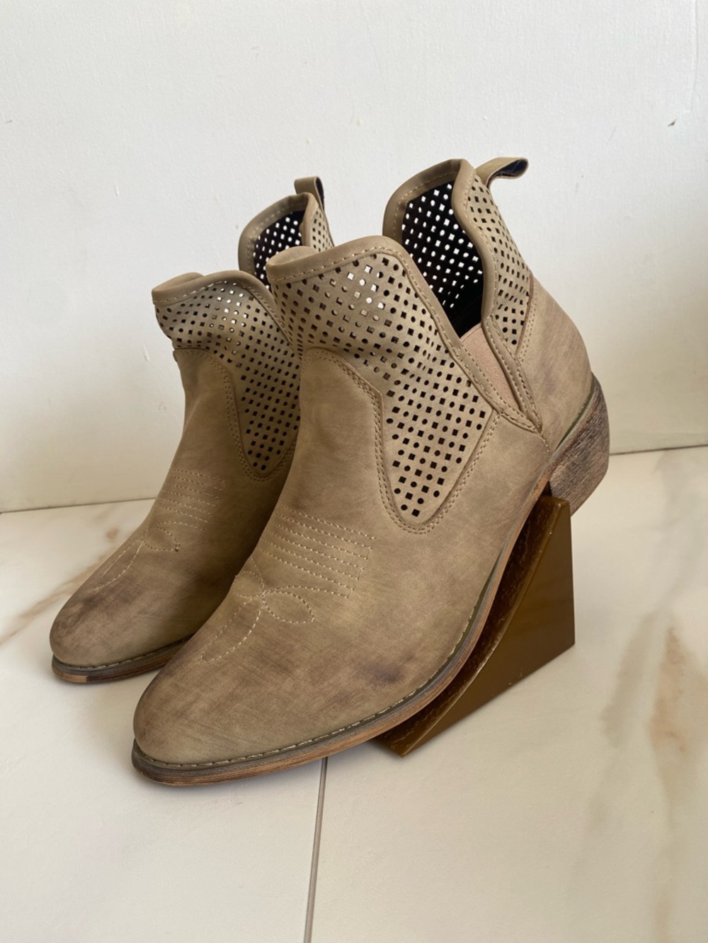 Natural Reflections Western Taupe Perforated Ankle Booties